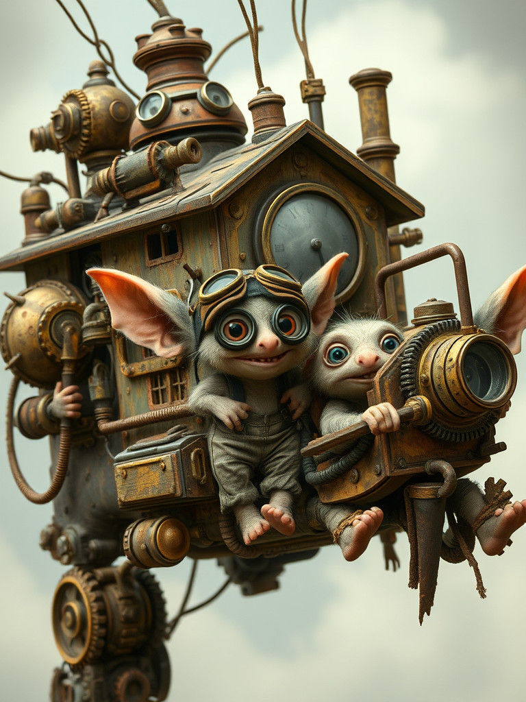 Gremlin Pilots in Flying Junk House, Whimsical Art