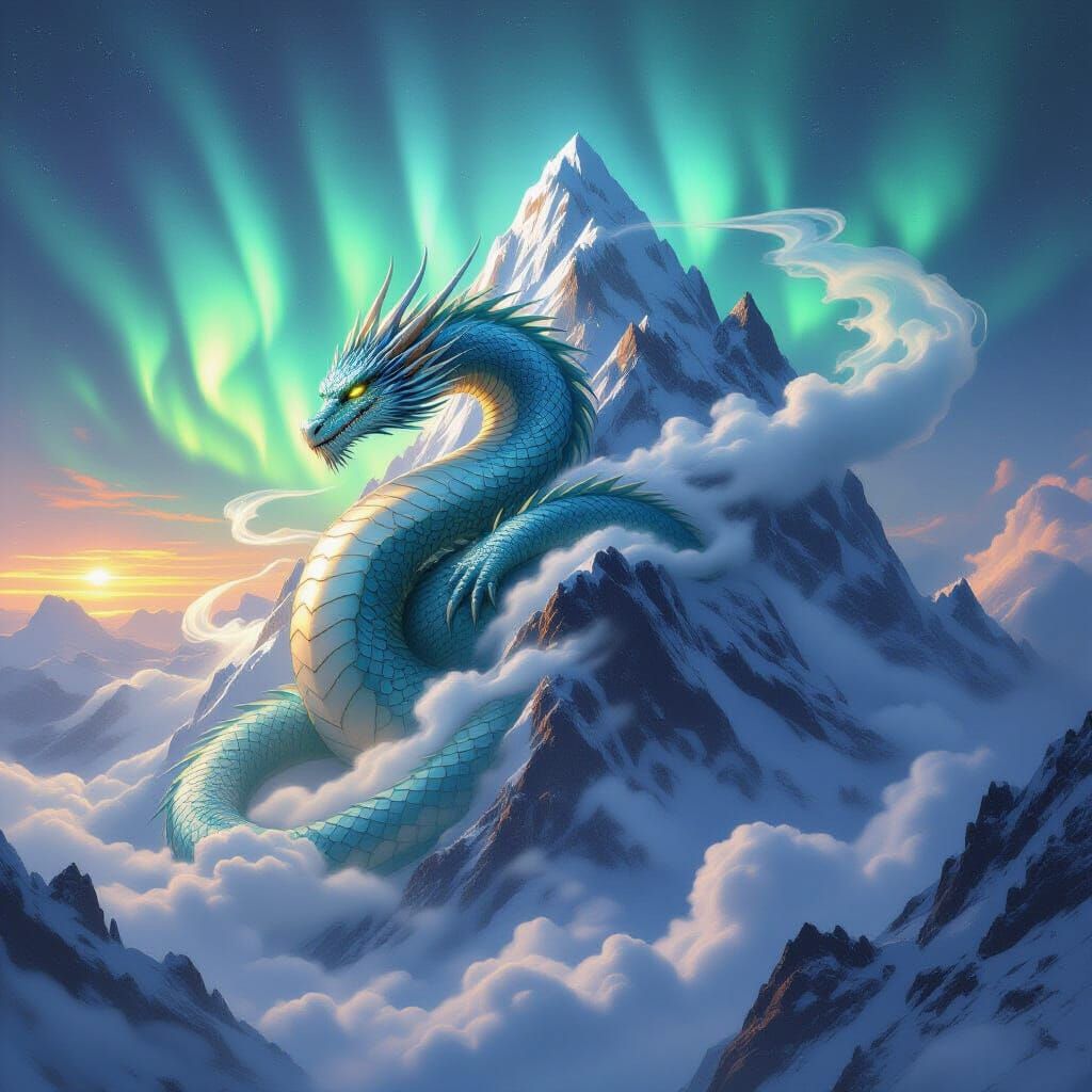 A colossal, ancient dragon sleeps coiled around a mountain p...