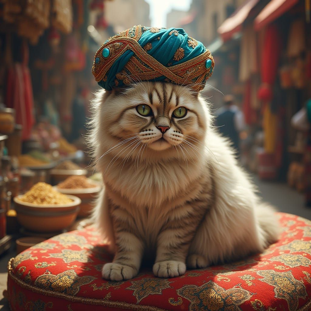 Persian Cat in Turban, Persian Miniature Style