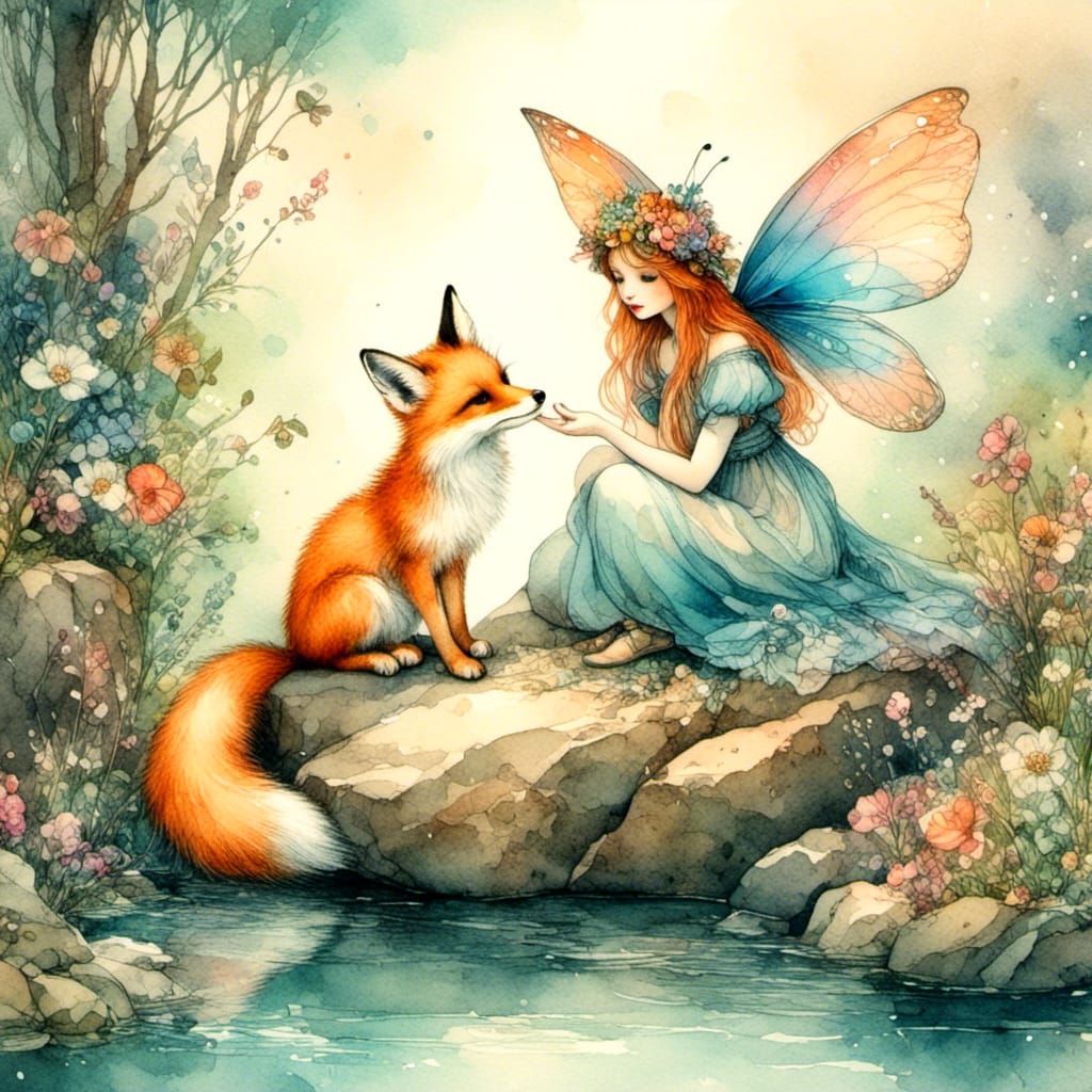 Ethereal Fairy Chatting with Fox in Whimsical Forest