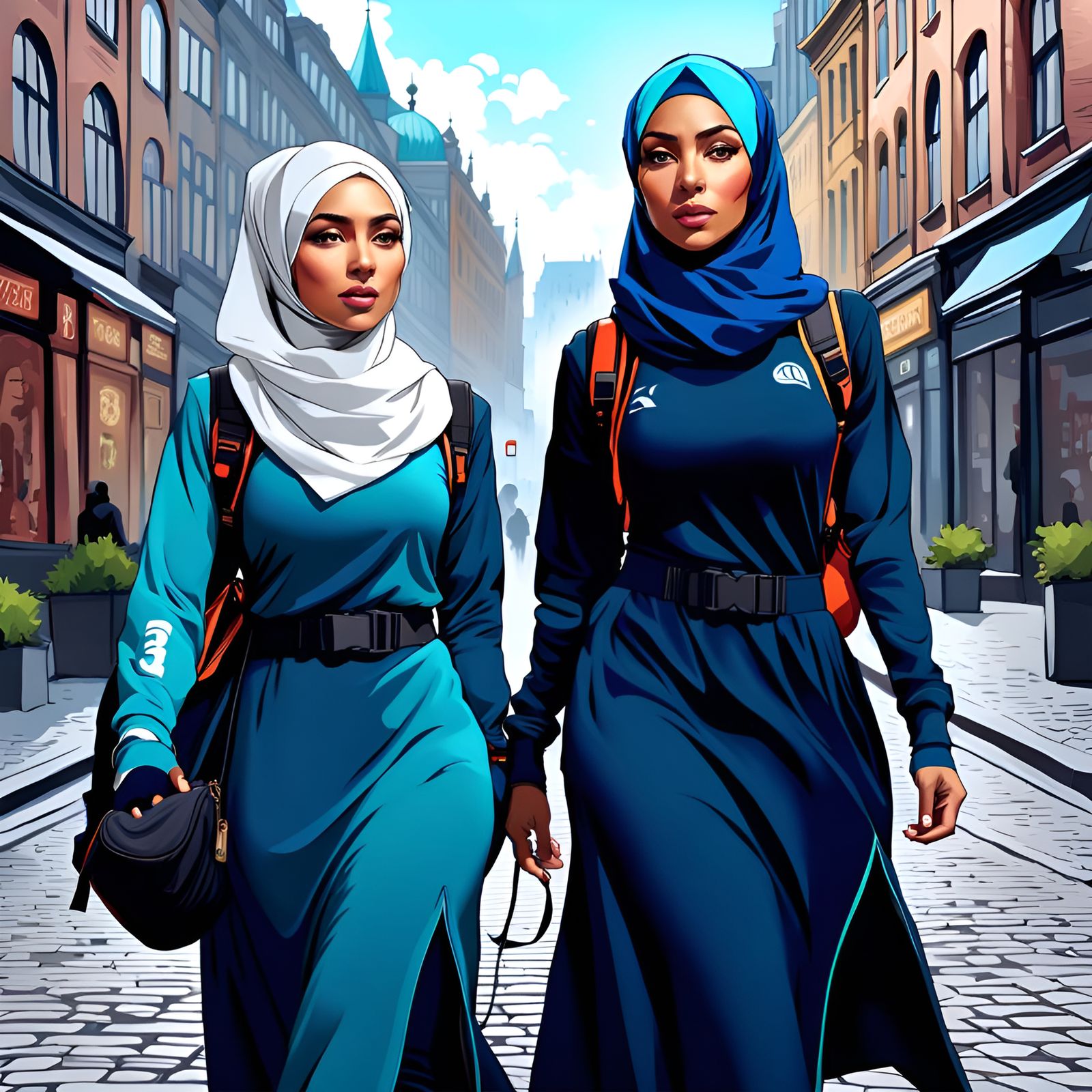 Hijabi Women Hiking in Hamburg: Digital Art Portrait