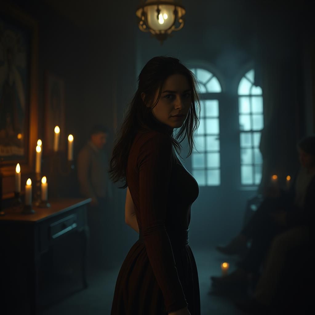 Anxious Woman in Candlelit Room, Dark Surrealism