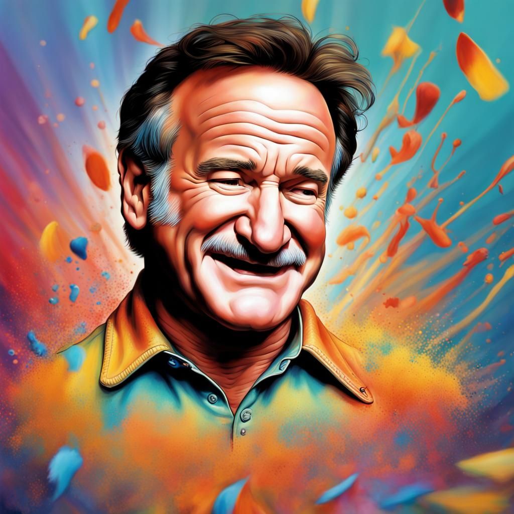 Happy Robin Williams Portrait in Splash Art Style