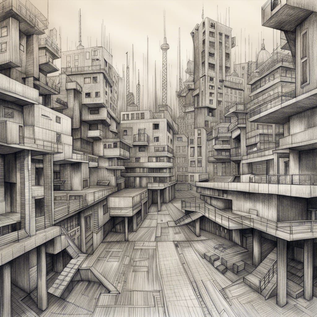 Brutalist Cityscape Pencil Sketch of Northern Town