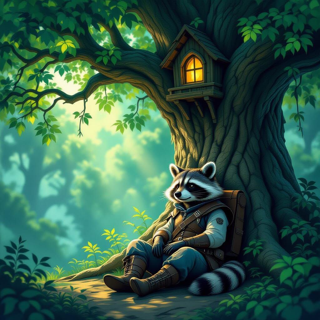Raccoon Explorer in Bioluminescent Forest Treehouse