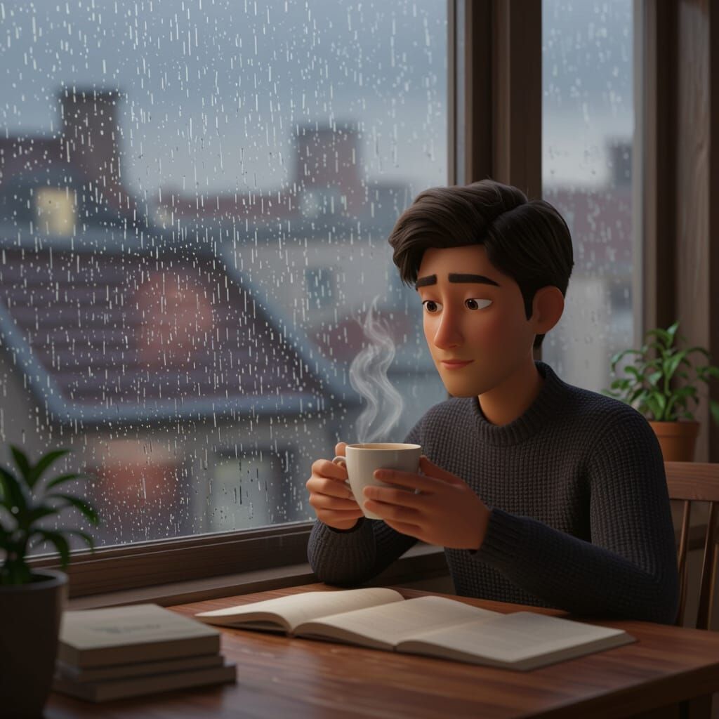 Pixar-Style Young Man by Rainy Window