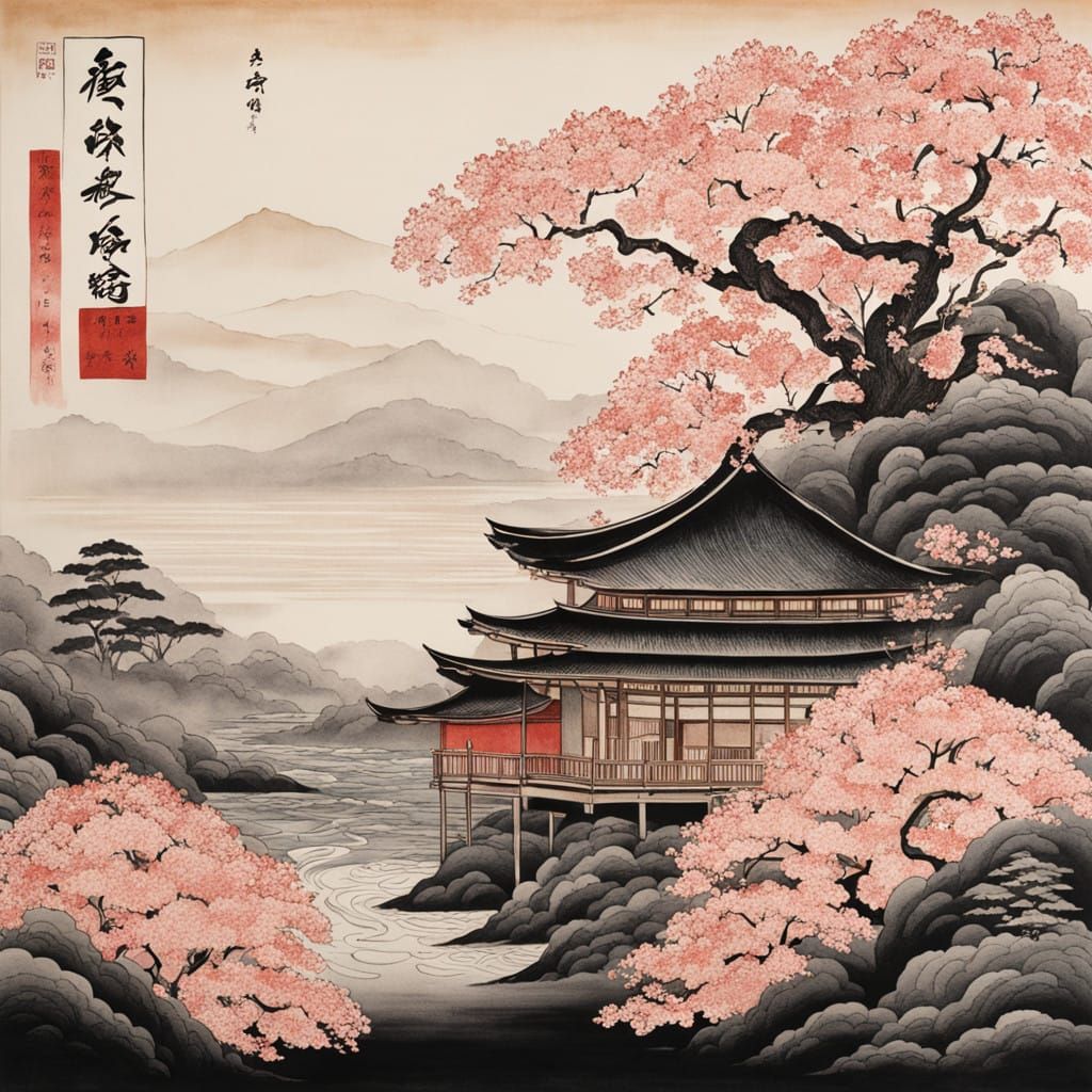 Traditional Japanese Family Crest with Cherry Blossoms and W...