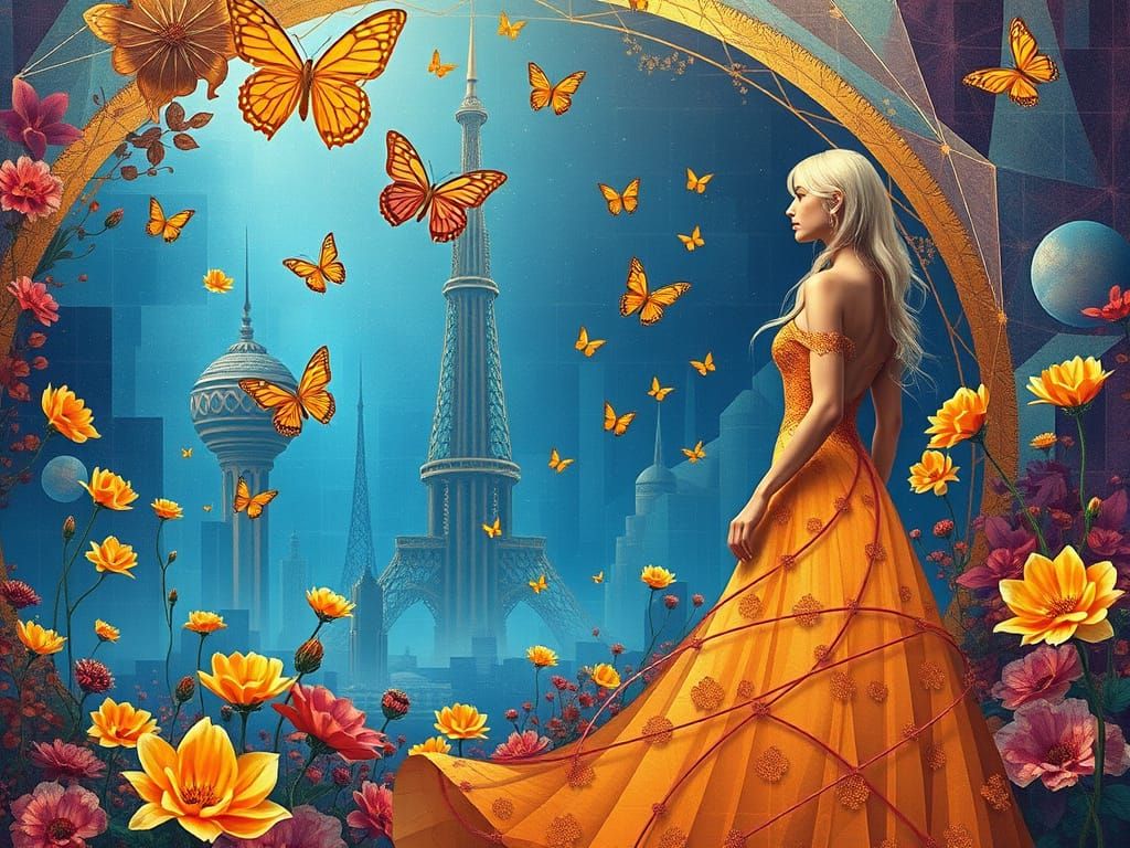 Beautiful Woman in Vibrant Arcology Cityscape with Fractal P...