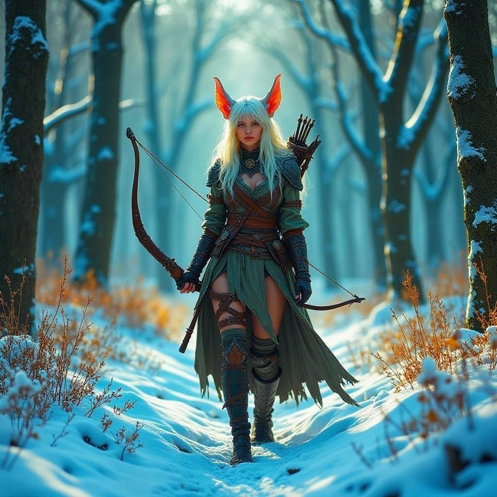 Albino Elf Huntress in Snowy Forest, Hyperrealistic Style
