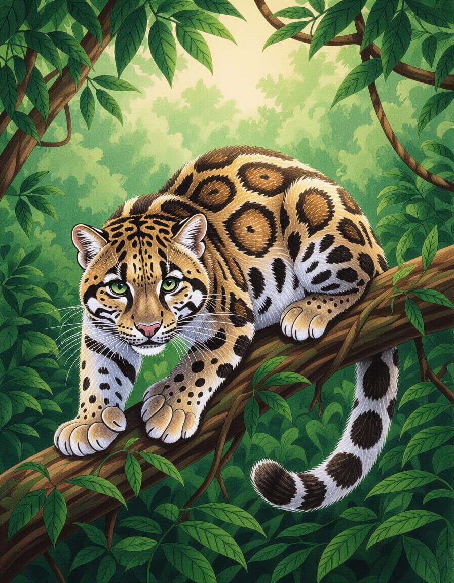 Clouded Leopard Resting in Lush Rainforest