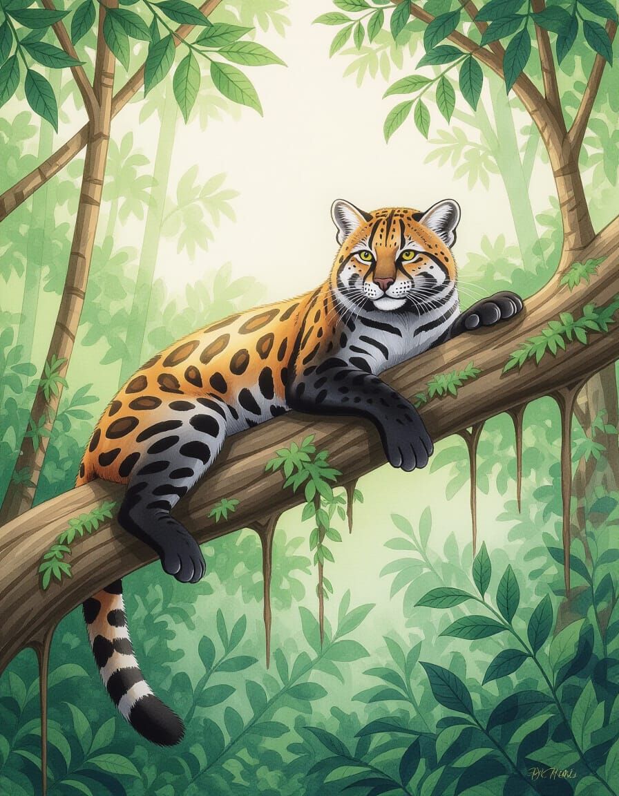 Clouded Leopard Resting on Rainforest Branch in Pencil and C...