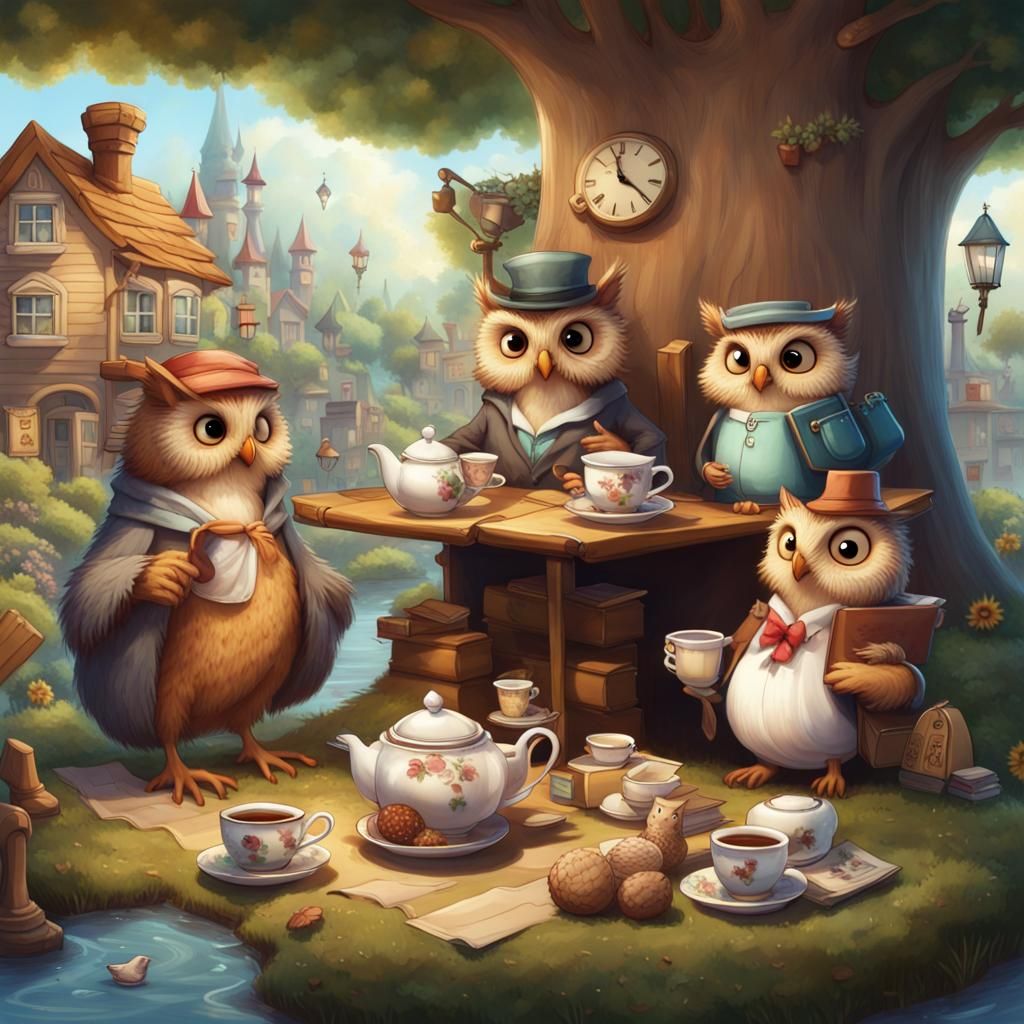 Enchanting Tea Party in Storybook Town: Hyperrealistic Splas...