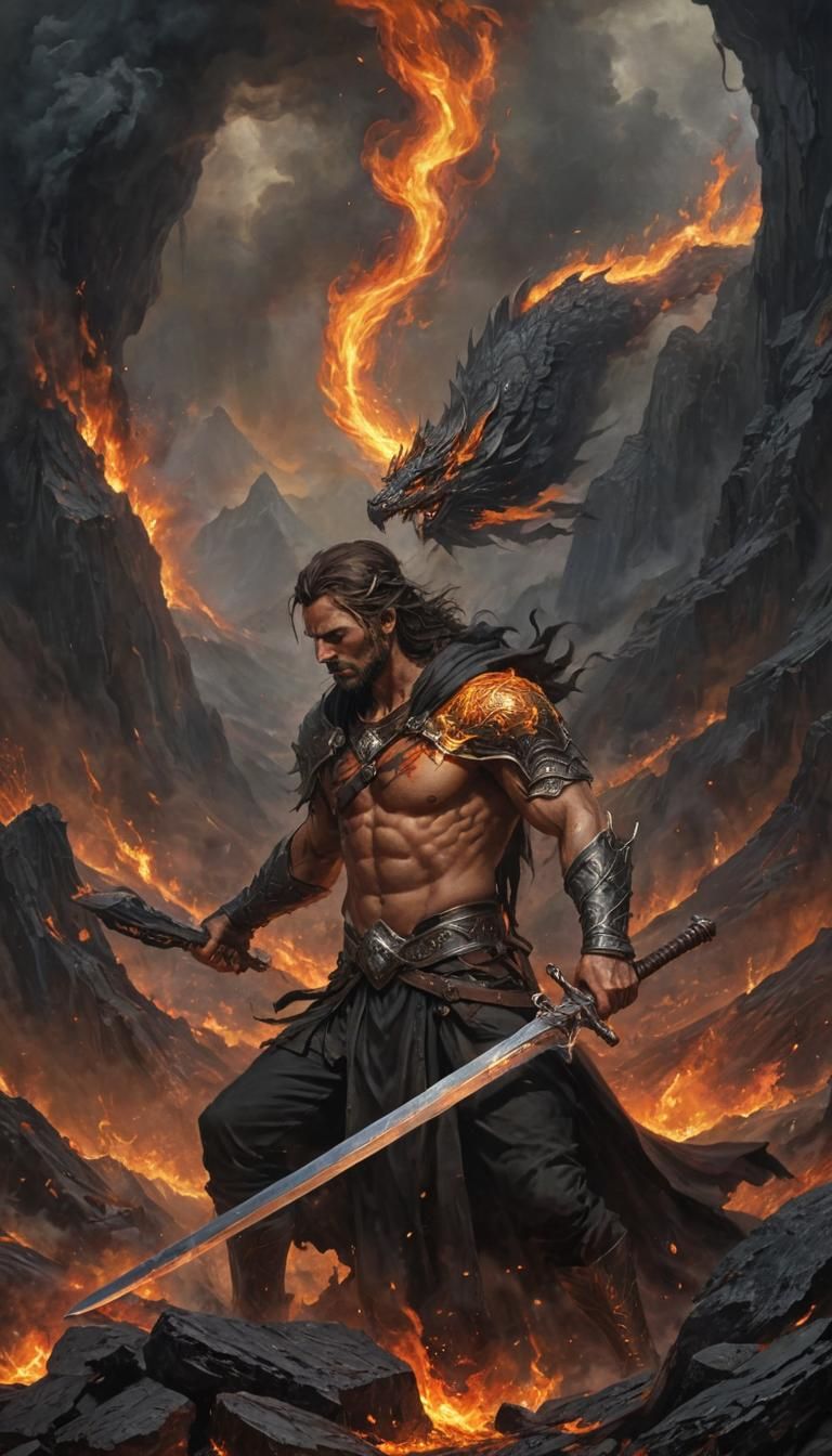 King of Flames Forges Sword in Epic Oil Painting