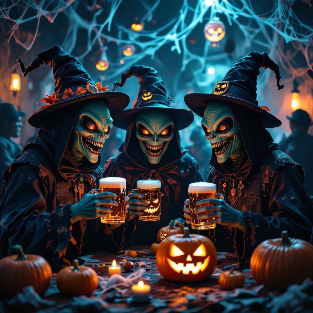 Scary Aliens Celebrate Halloween Party with Beer Mugs