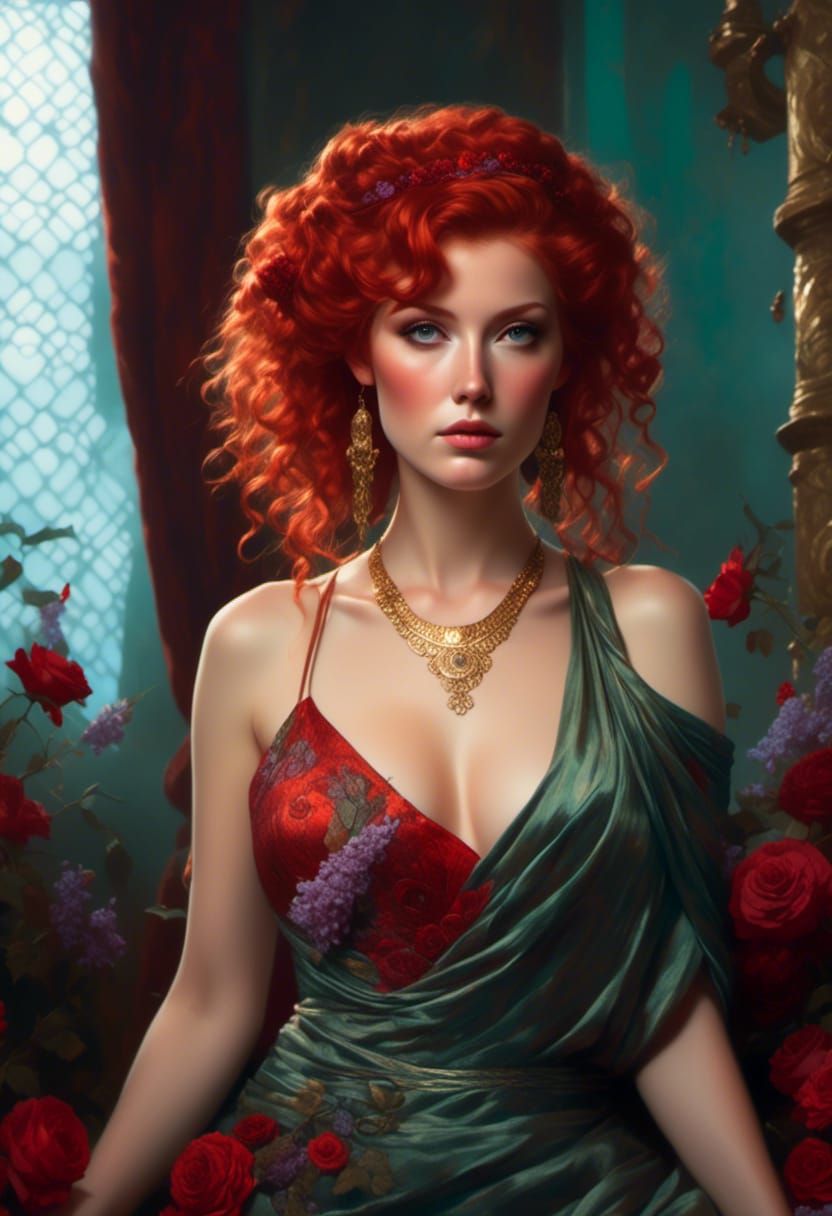 Red-Headed Goddess Portrait with Roses, Hyperrealistic Style