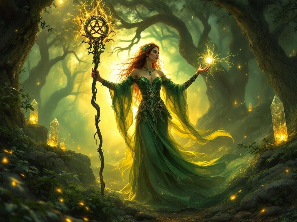 Celtic Sorceress Casting Spell, Alphonse Mucha Style