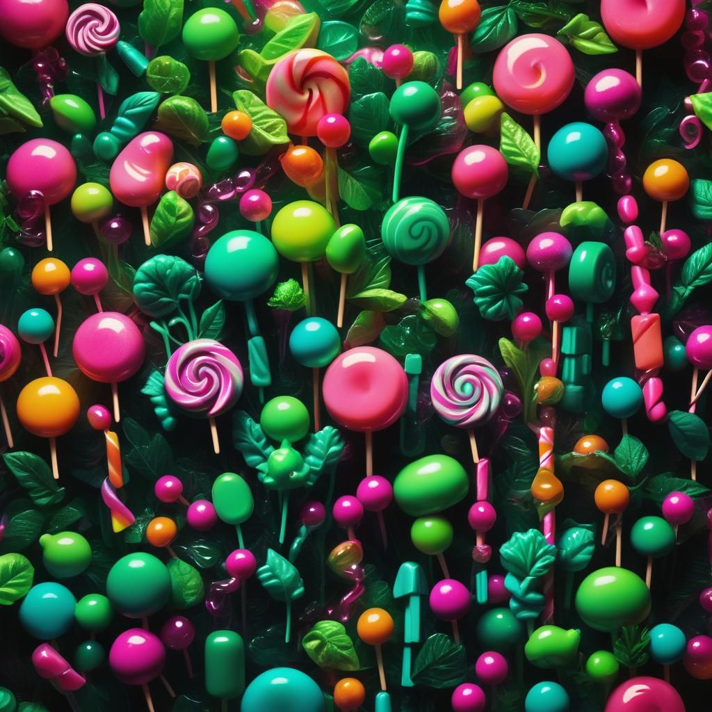 Vibrant Candy Art with Green Objects and Neon Lights