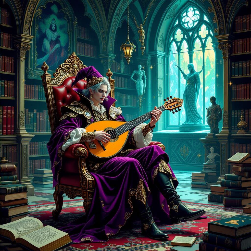 Electric Minstrel in Gothic Room with Magical Portals