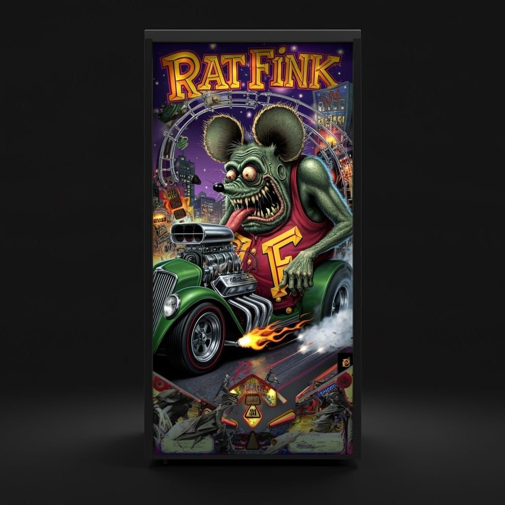 Neon Retro Pinball Machine with Rat Fink