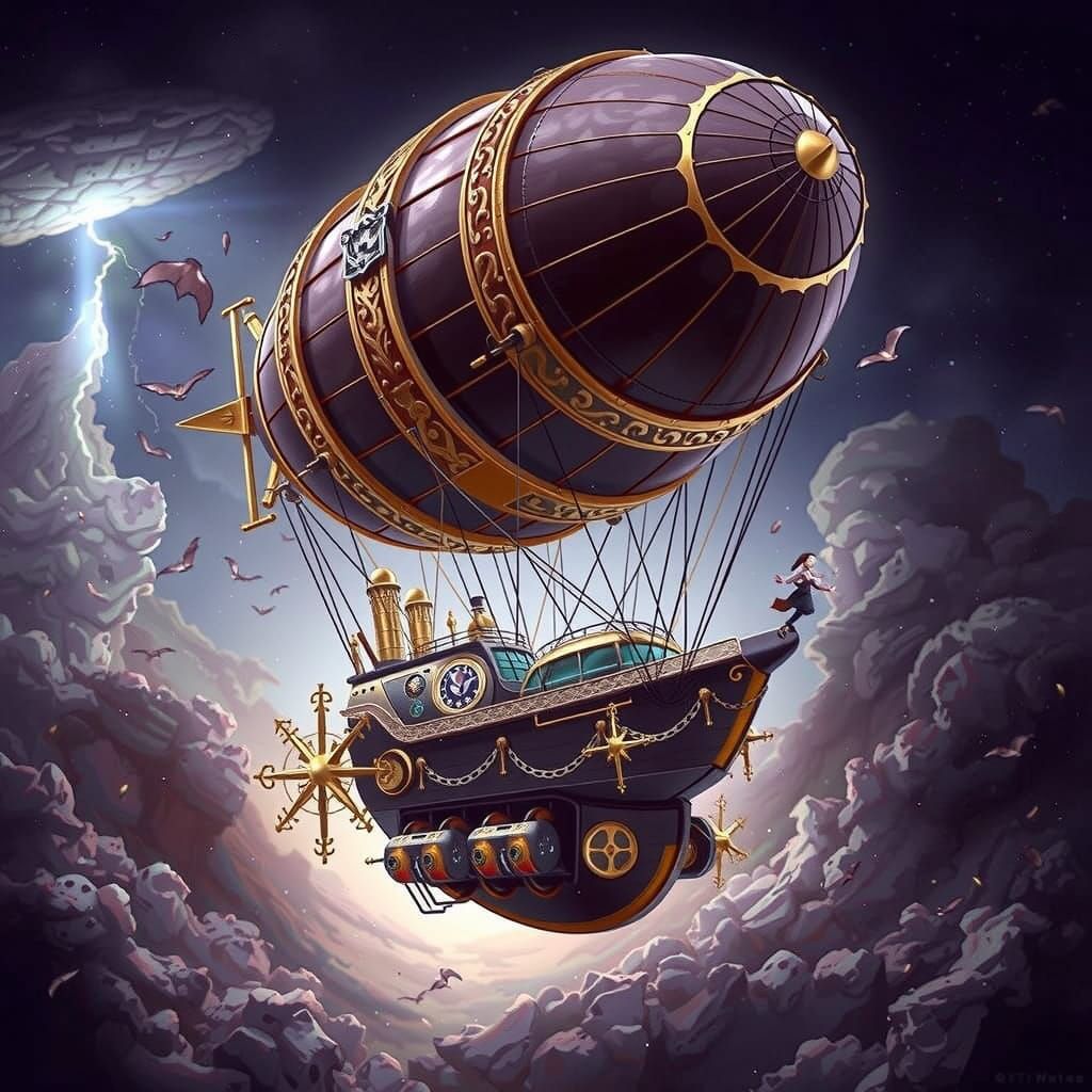 Chocolate Steampunk Airship Soaring Through Stormy Skies