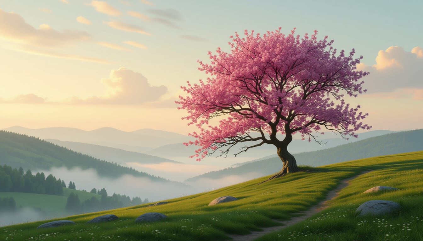 Ancient Blossoms Tree on Windswept Hill Overlooking Misty Va...