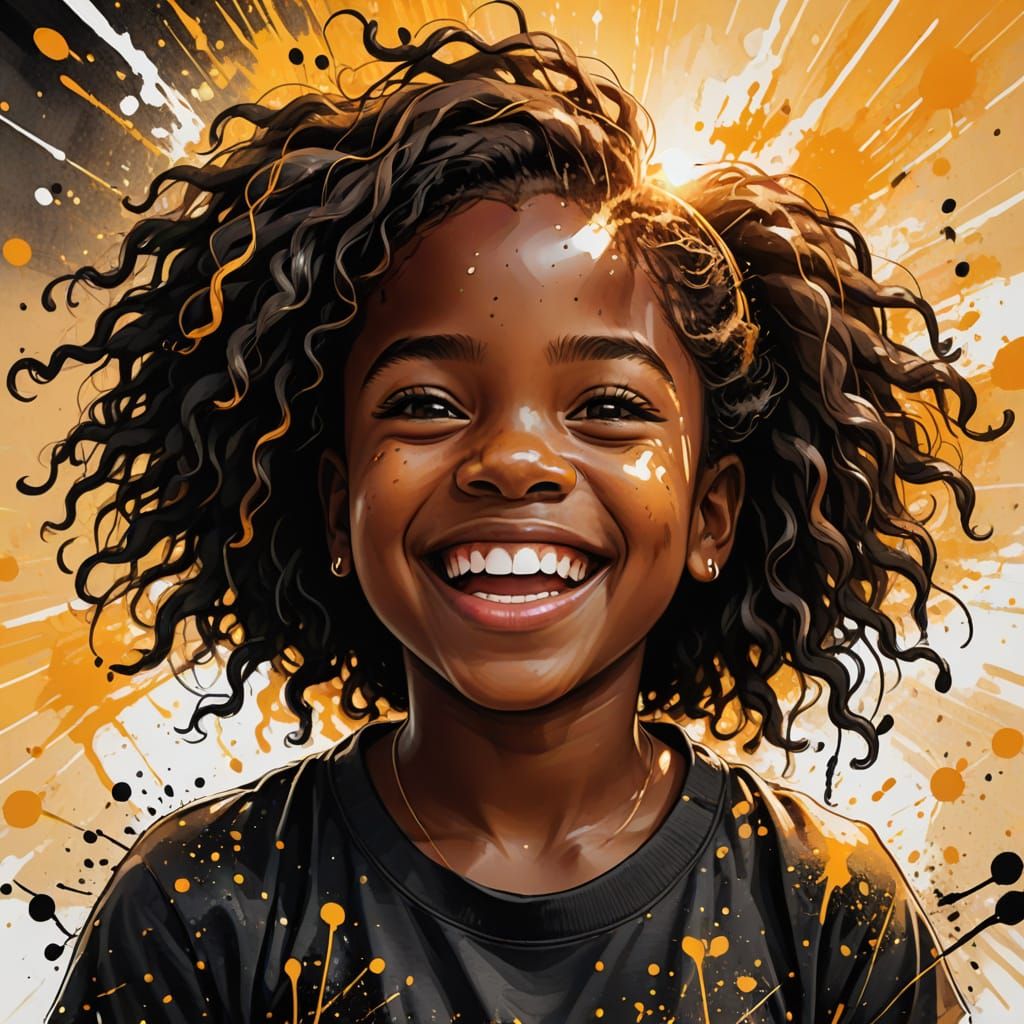Joyful Black Girl Radiant in Black Ink Art