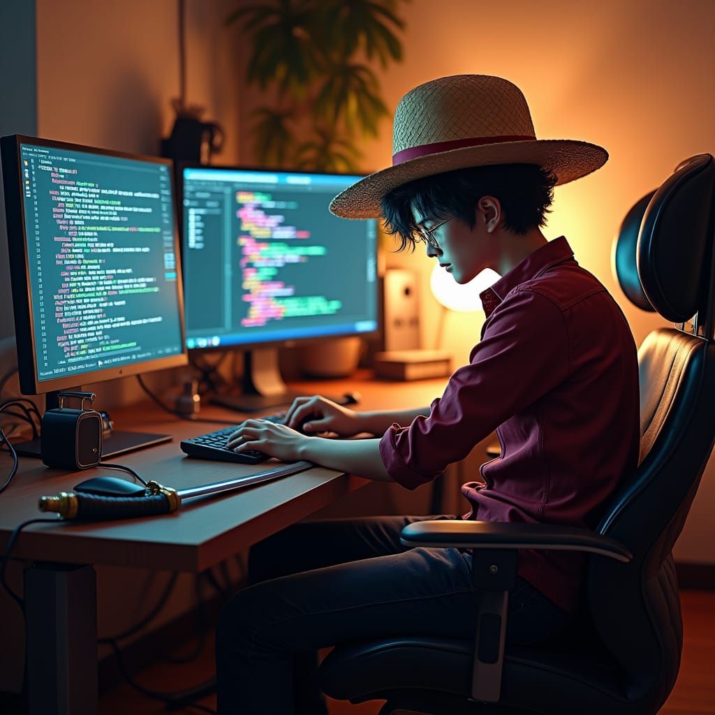 Developer with Sword Coding in Cyberpunk Style