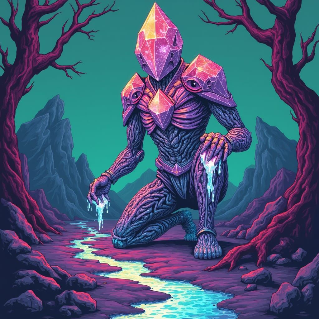 Crystal Golem Weeping a River of Light