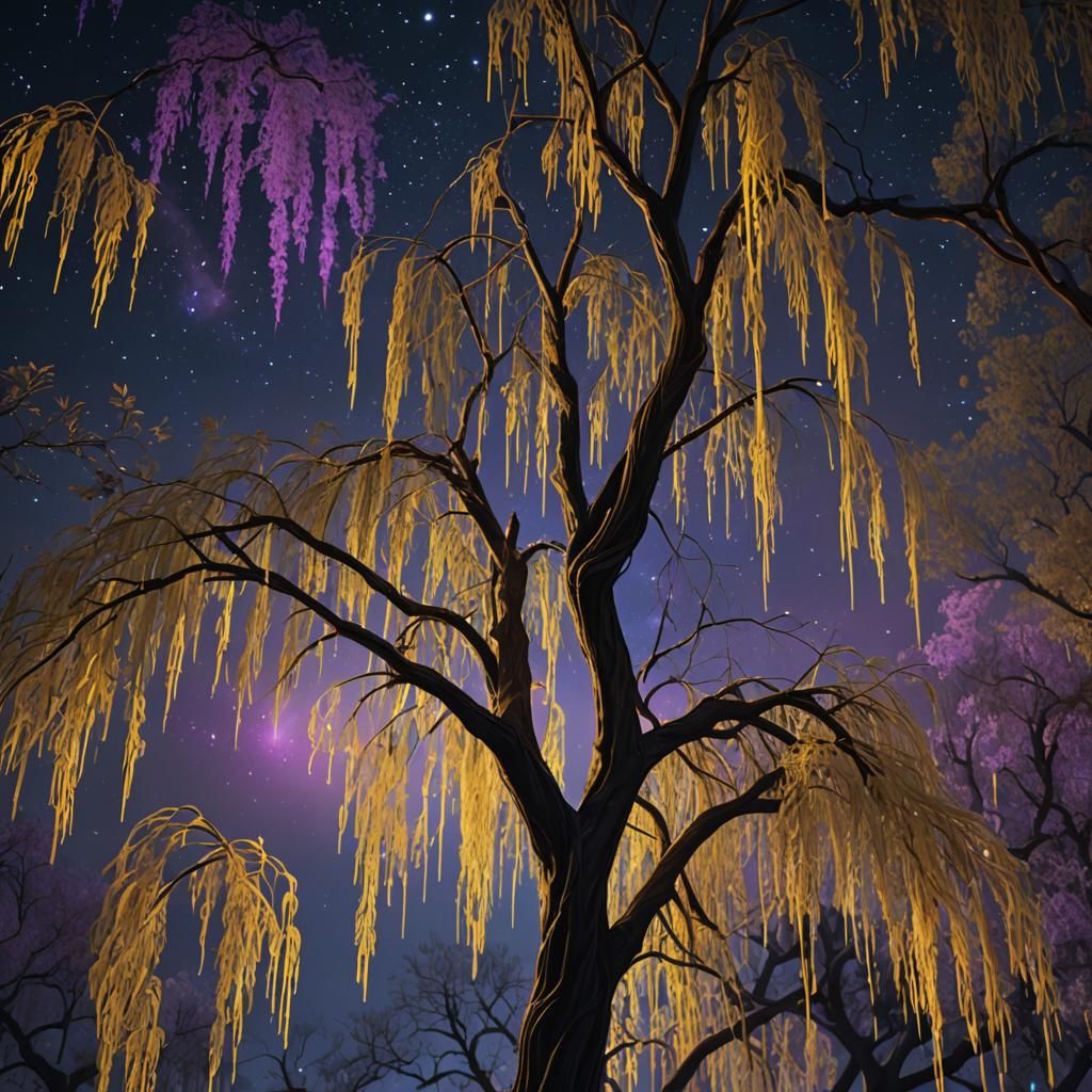 Weeping Willow Branches under Starry Sky