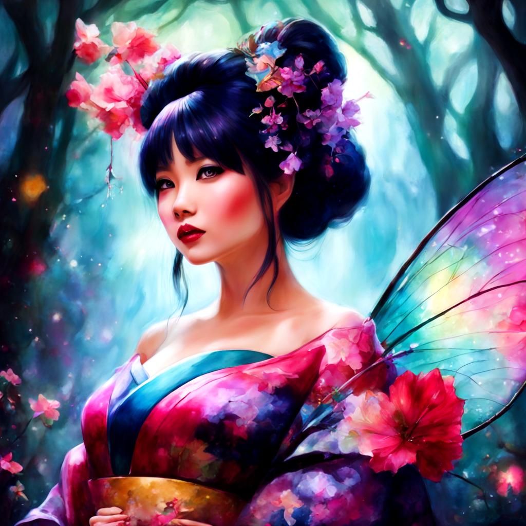 Enchanted Fairy Geisha in Fantasy Forest