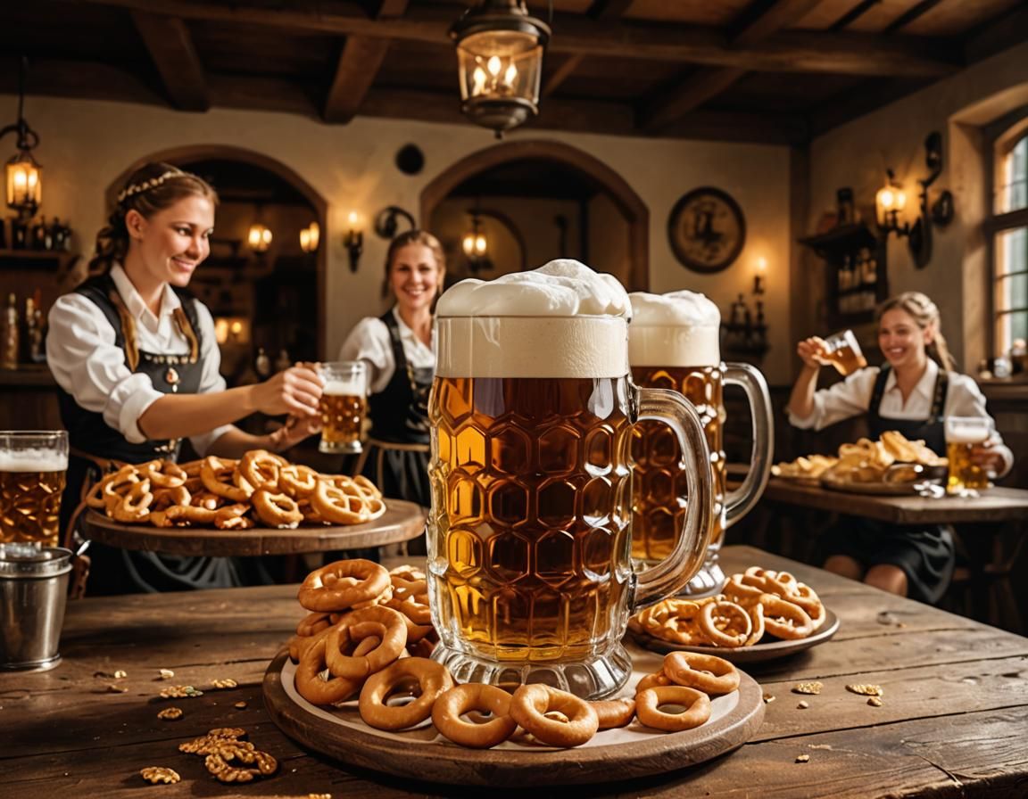Oktoberfest Beer Mugs and Pretzels in Bavarian Inn