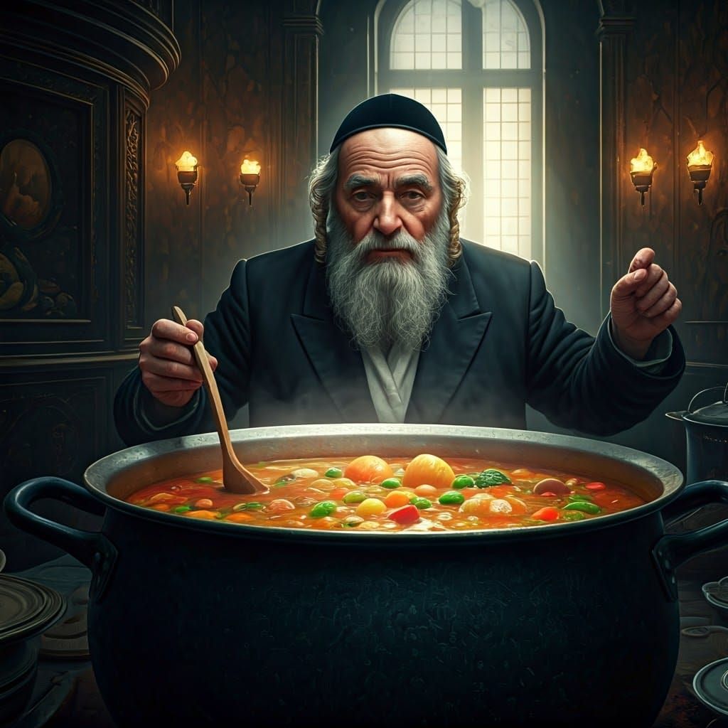Traditional Hasidic Rabbi Prepares Steaming Vegetable Soup i...