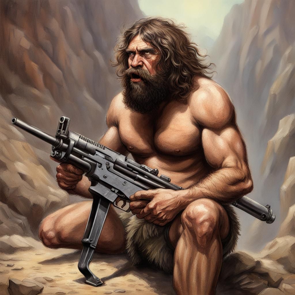 Cave Man holding a machine gun.