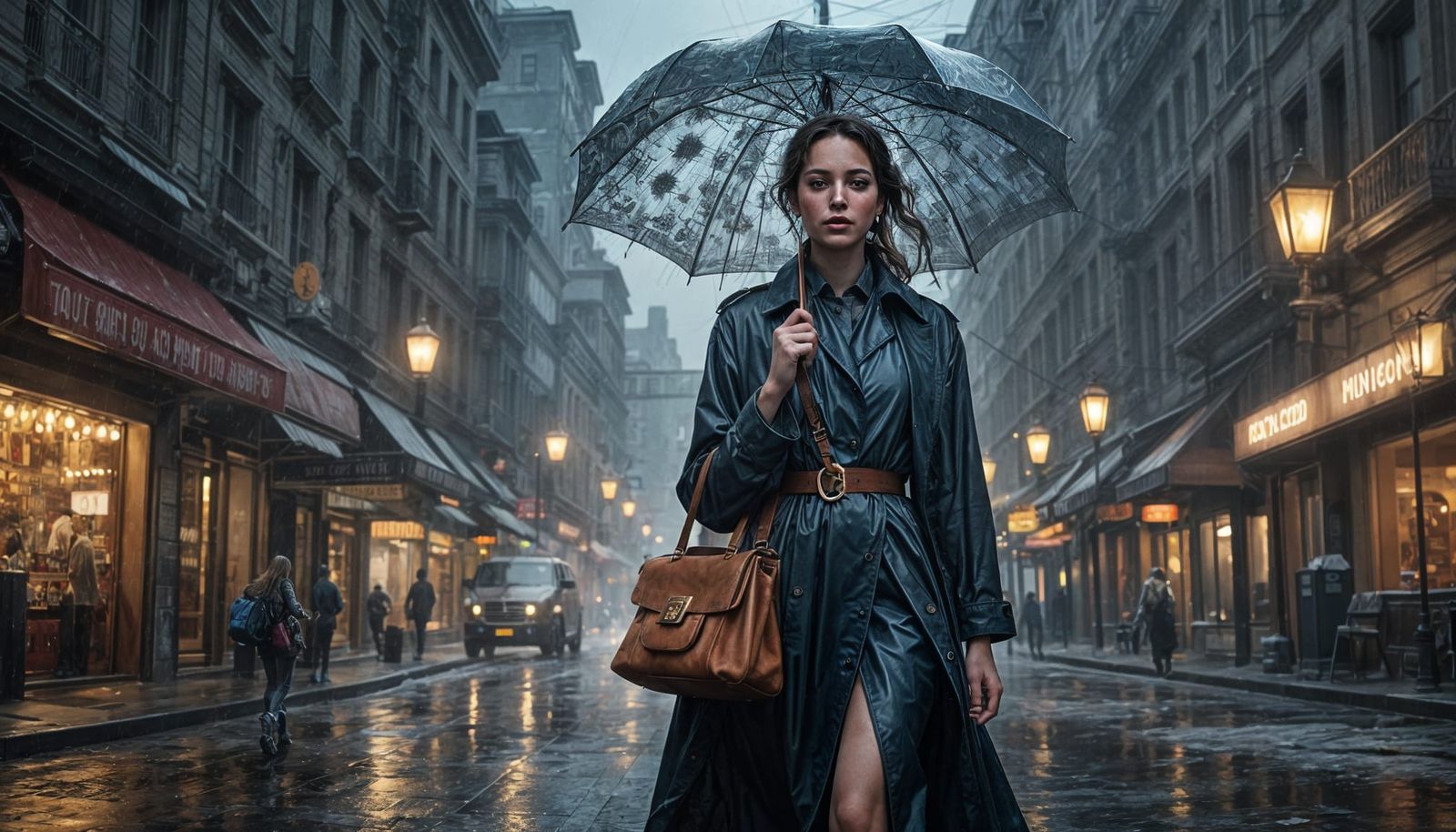 Woman in Turbulent Storm with Elaborate Bag, Maximalist Phot...
