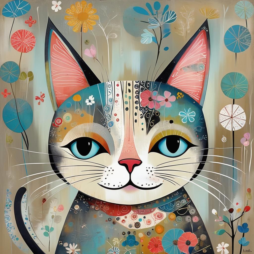 Wabi-Sabi Whimsical Cat in Folk Art Style