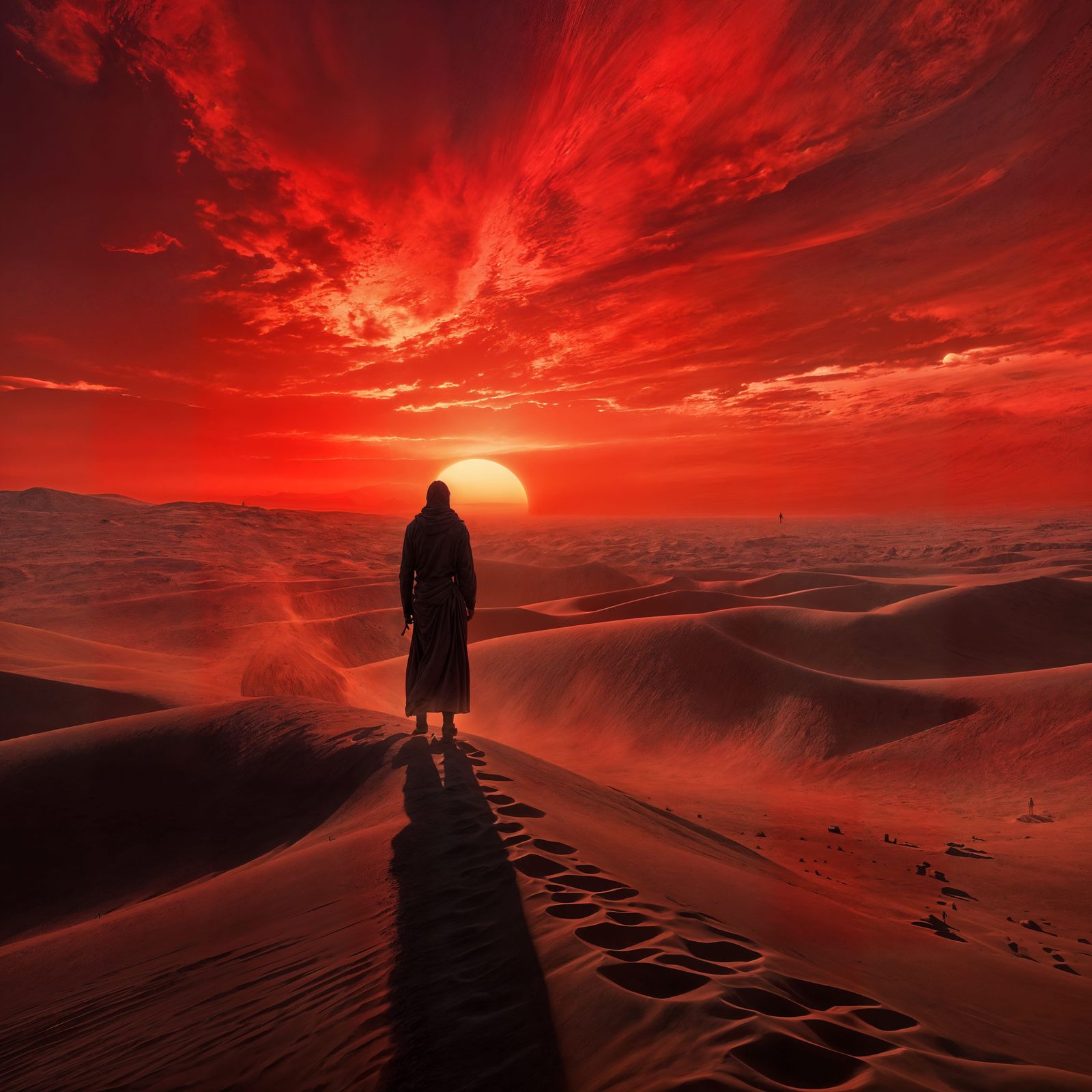 Lone Figure in Fiery Desert Sunset