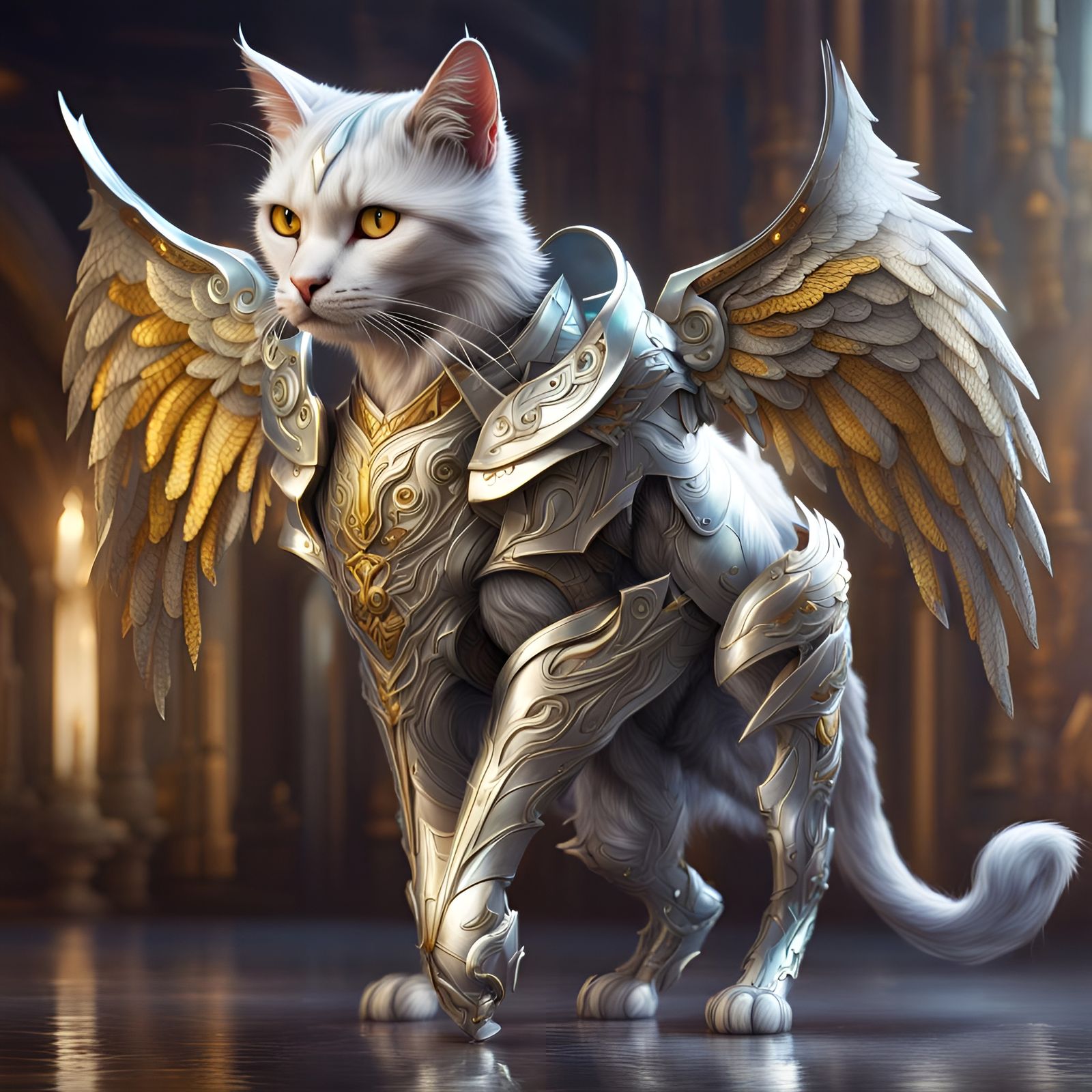 Armored Mystical Cat with Wings: Hyperrealistic Digital Art