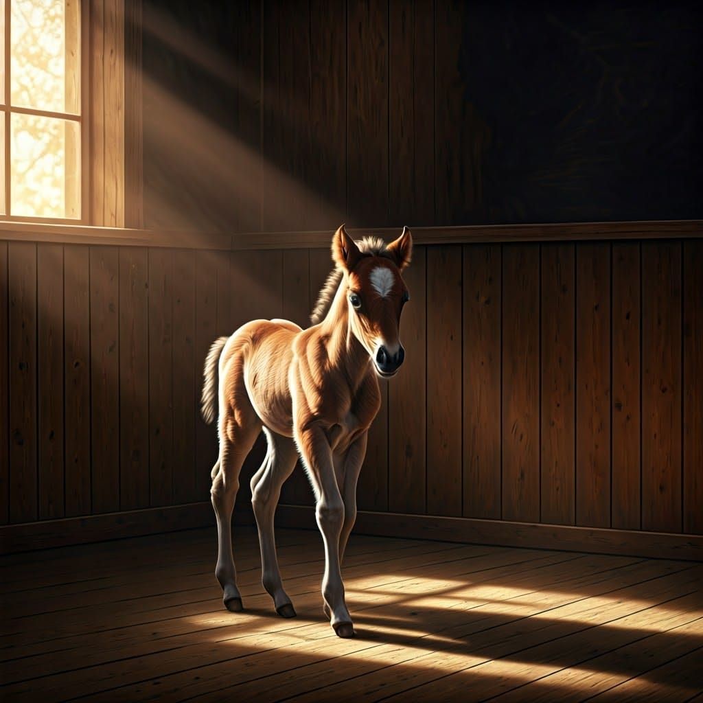 Foal Takes First Steps in Sunlit Barn