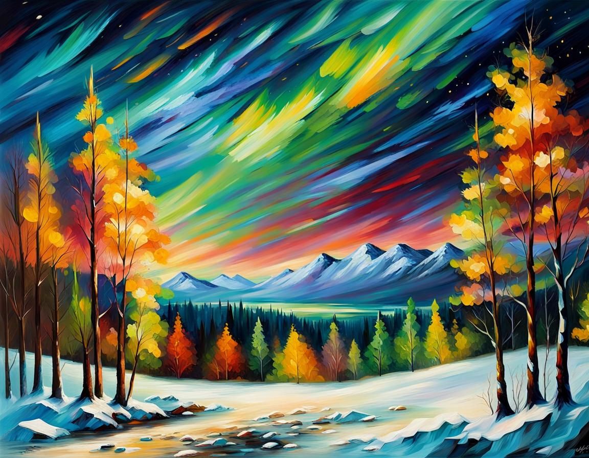 Iridescent Aurora Borealis over Snowy Valley Landscape