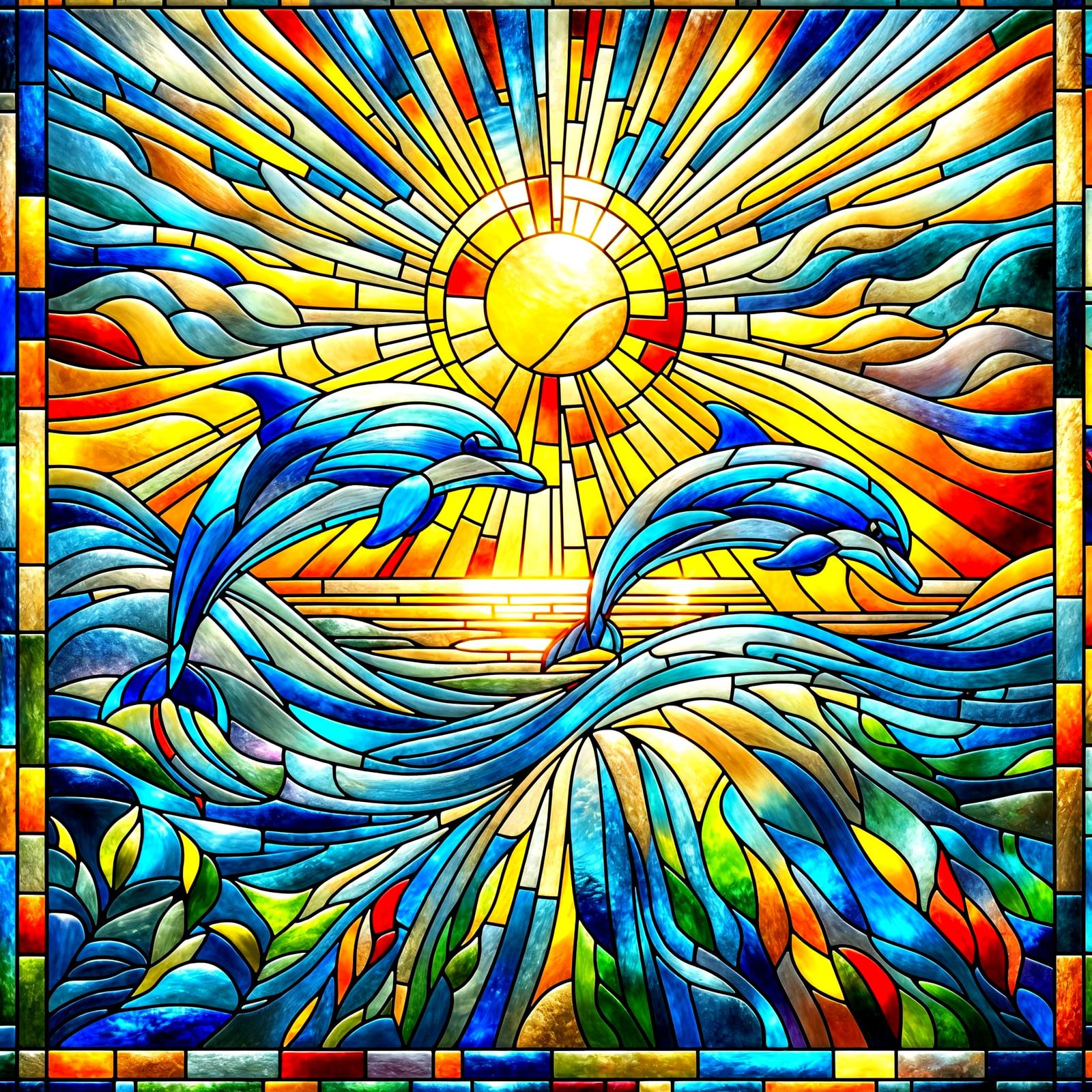 Vibrant Stained Glass Mosaic of Dolphins in Sunset Glow