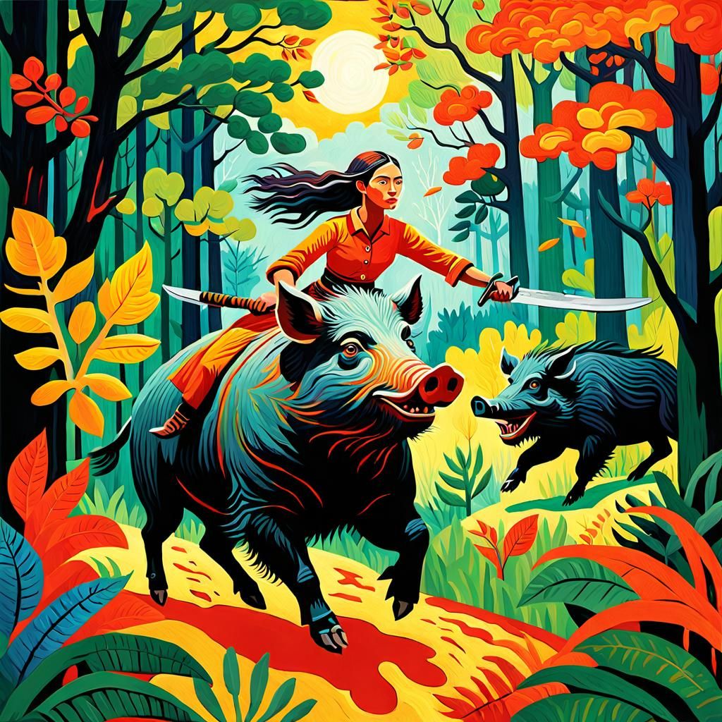 Amazon Woman Rides Boar in Fauvist Forest