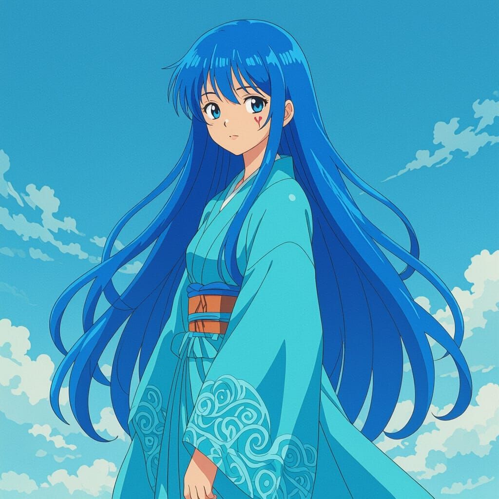 Anime Girl with Blue Hair in Cyan Robe
