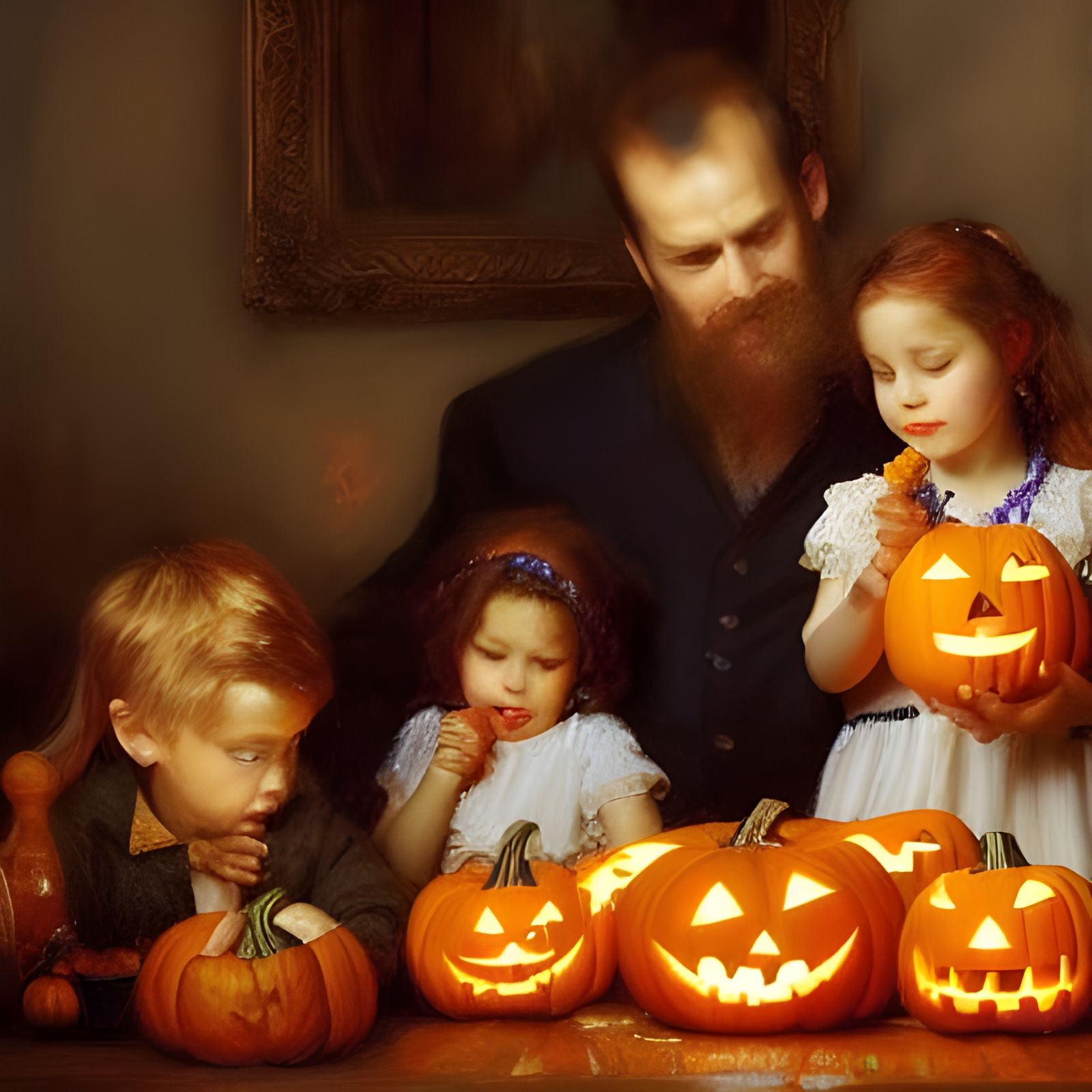 Family Carving Pumpkin: Oil Painting Masterpiece