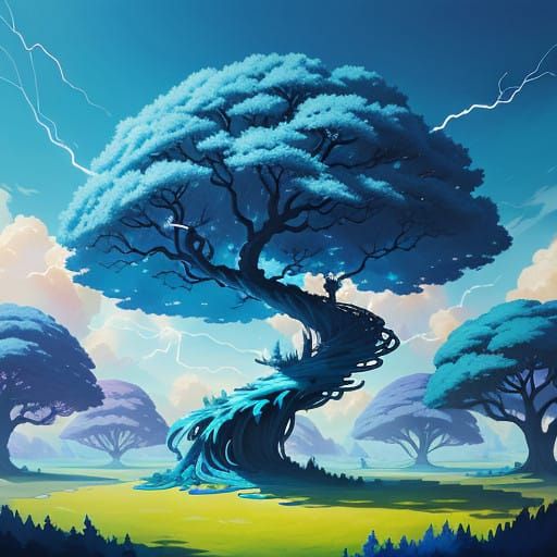 Whimsical Tree Dances Under Electric Blue Skies