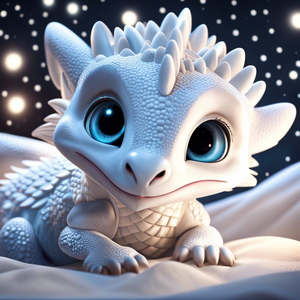 Adorable White Dragon Cub Gazing at Stars