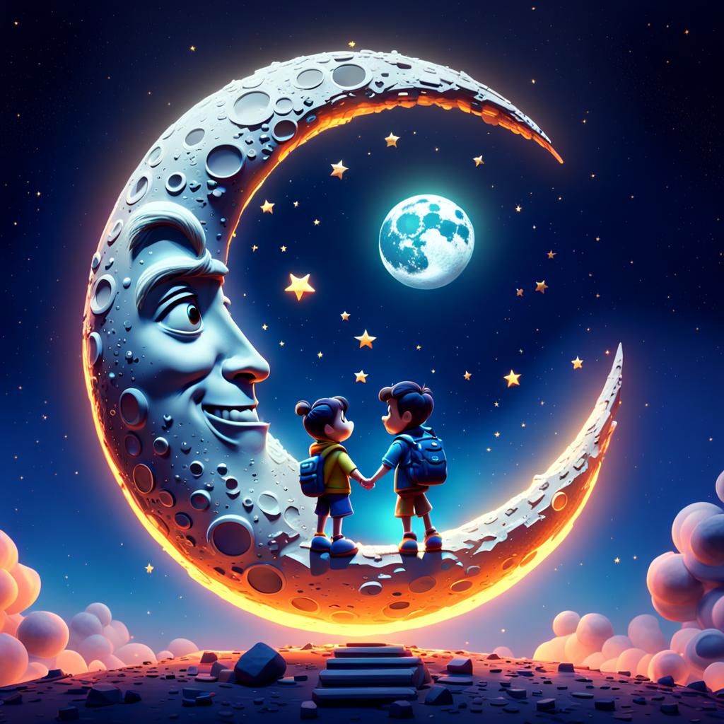 Touching Moon Scene in Pixar-Inspired 3D Art