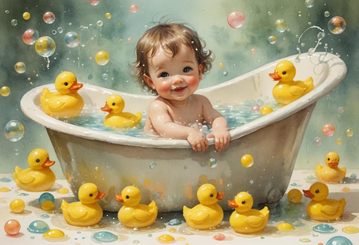 Happy Baby in Tub: Whimsical Watercolor Illustration