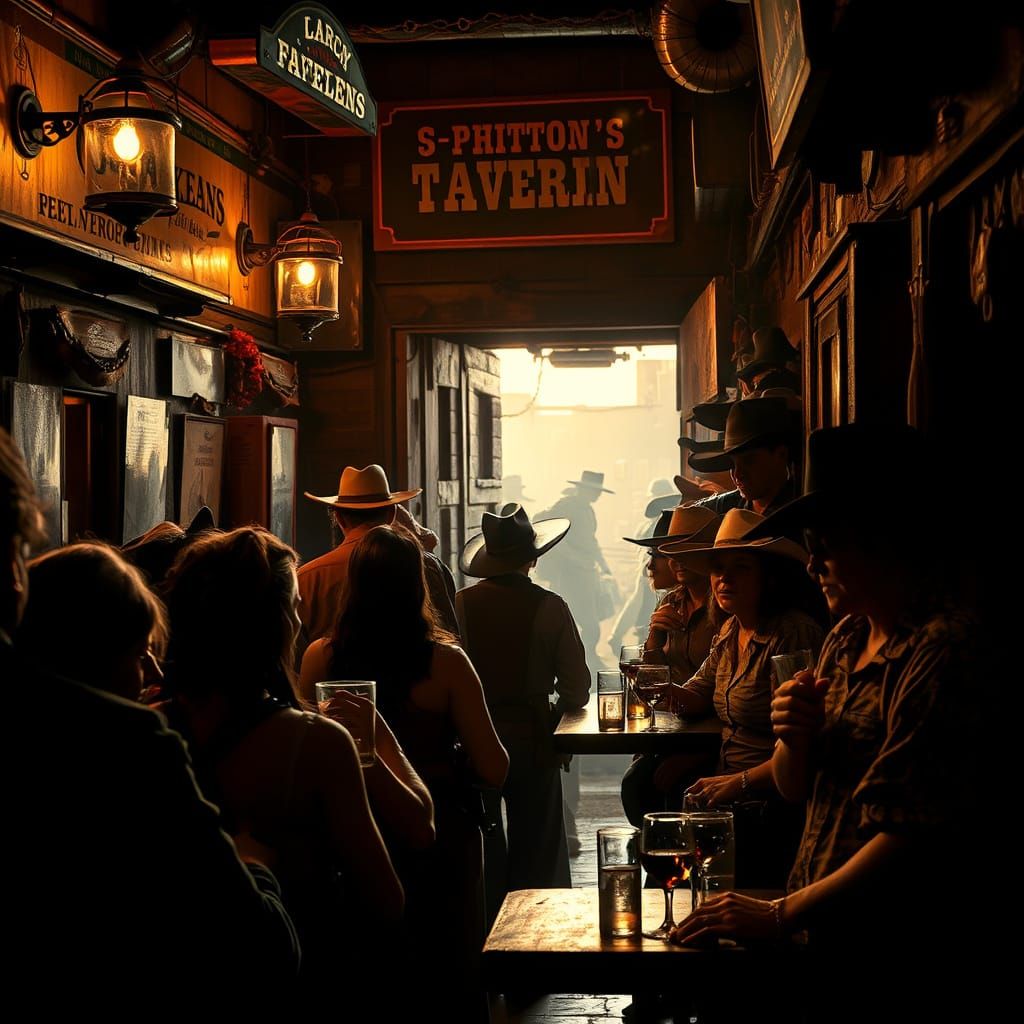 Bustling Tavern Scene with Cowboys and Otherworldly Beings