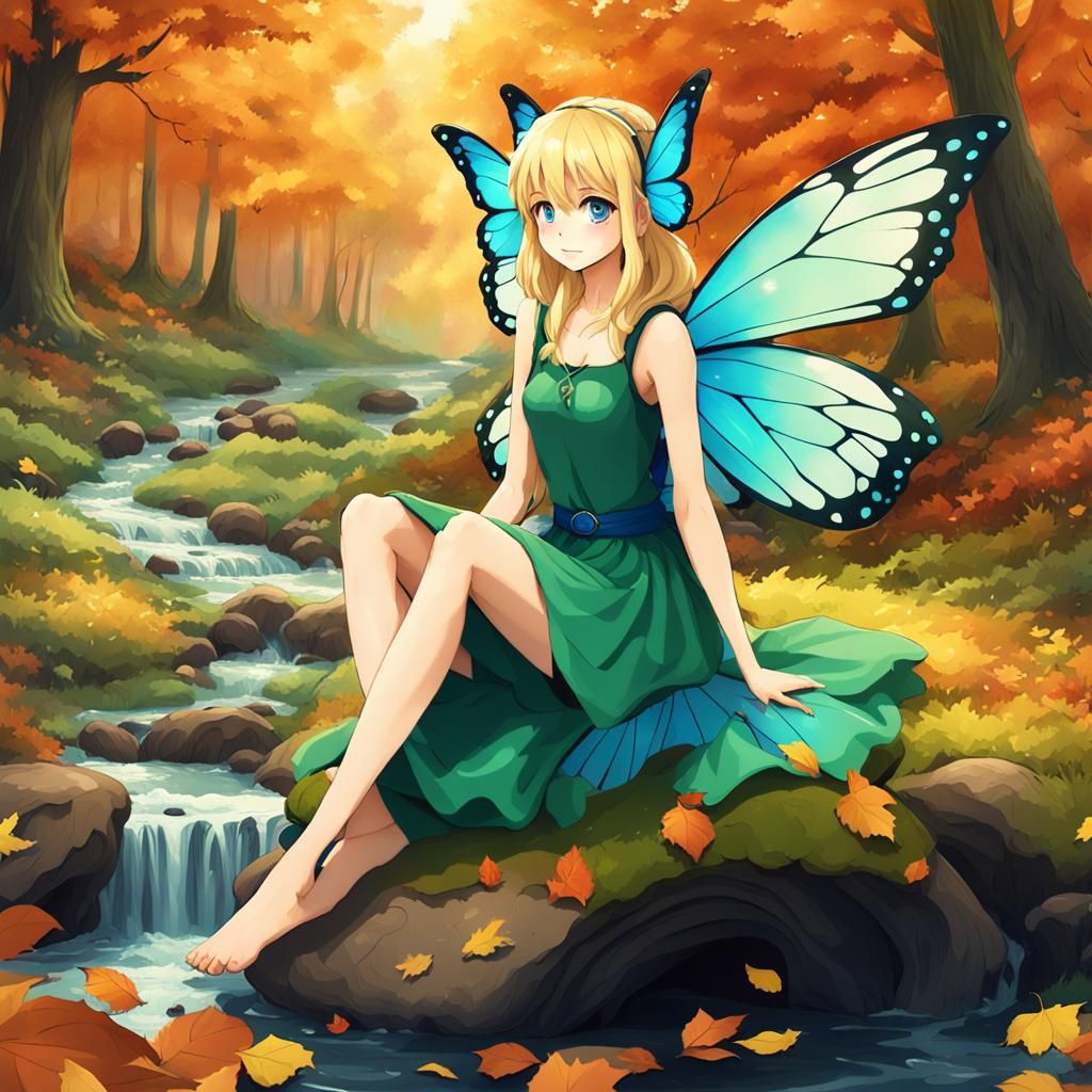 Blonde Fairy with Butterfly Wings in Autumn Forest