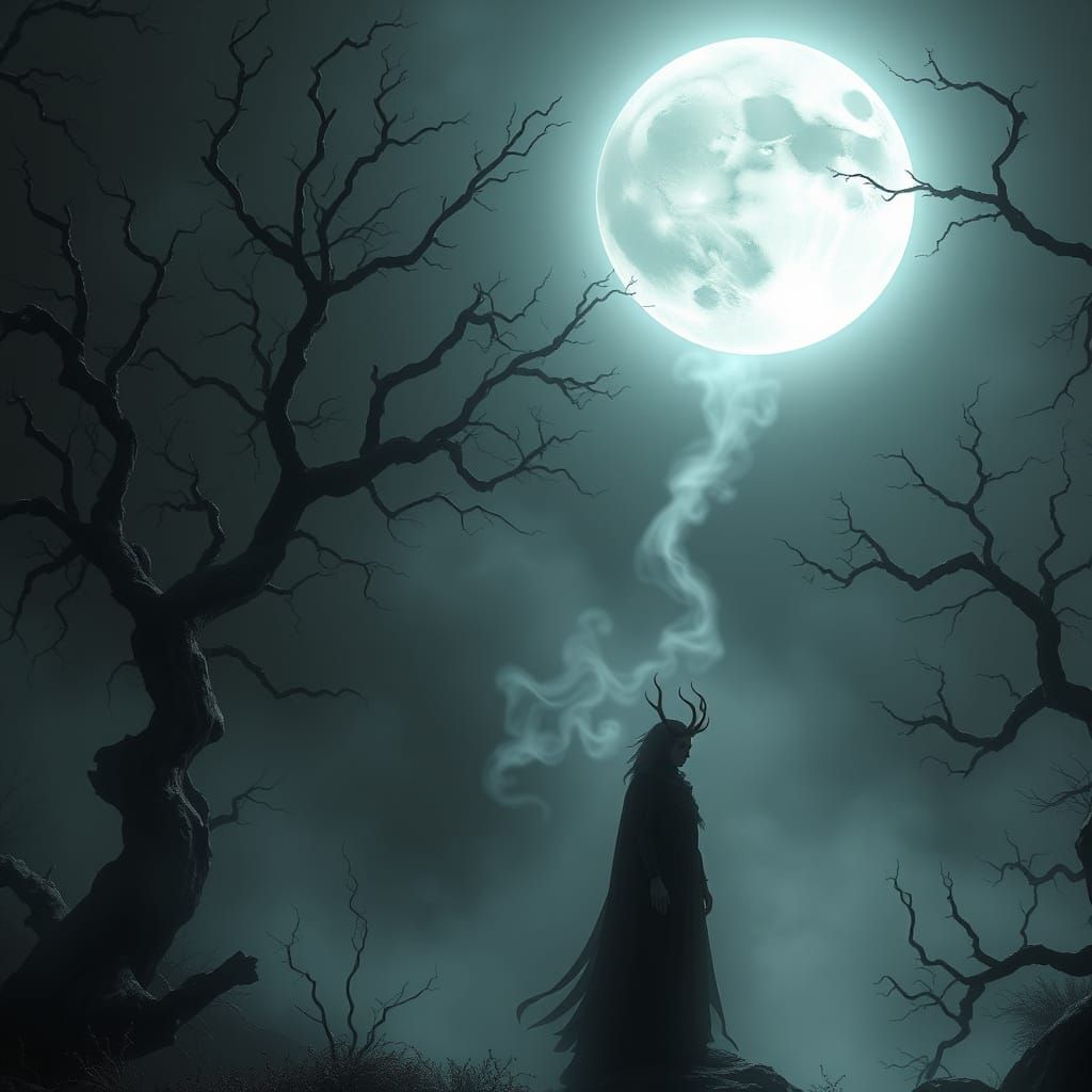 Ethereal Figure Under Moonlit Gothic Landscape